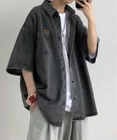 ワンポイント ビッグシルエット 半袖 ウォッシュ デニムシャツ ジャケット
