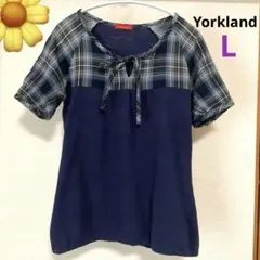 Yorklandヨークランド★半袖カットソー、チェック、紺のサムネイル