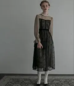 BONLECILL noir ベロアパイピング キャンディスリーブ レースドレス