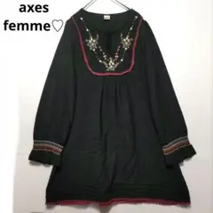 axes femme 黒 花柄 刺繍 長袖チュニック リボン紐 レース