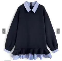 【GRL】ストライプ柄シャツレイヤード風フリルワンピース
