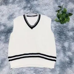 レイカズンフェバリ (F) ニットベスト Vネック 白×黒 ボーダーライン 綿混