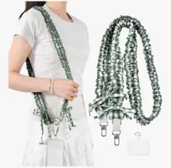 スマホショルダーストラップ フリルチェック柄 可愛い 緑