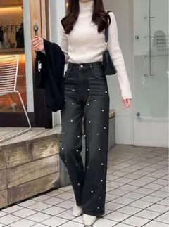 GRL グレイル パール付きストレートデニムパンツ