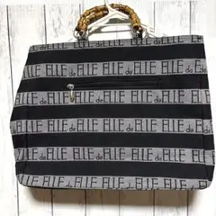 美品　ELLE de ELLE 　バンブーハンドル ストライプ　ブラック×グレー