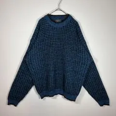 【好配色ブルー】ヴィンテージ ワッフル編み 総柄セーター