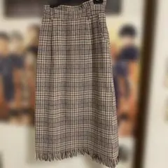 チェック柄ロングスカート フリンジ付き