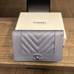 CHANEL ブルーグレー レザー 三つ折り財布