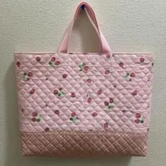 ハンドメイド　レッスンバッグ　絵本カバン　いちごミルク色　キルティング生地