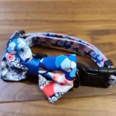 犬、猫用 リボン付き首輪 花柄Aパターン 青