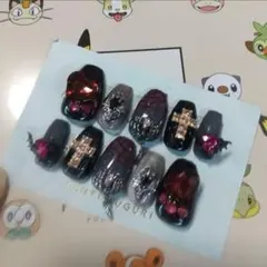 ジェルネイルチップ　黒　羽ハート　ドル　蝶々　クロス