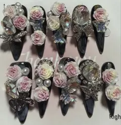 ネイルチップ ブラック ローズ 蝶 ビジュー ゴージャス 韓国 量産型 地雷系