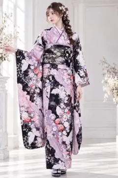 ラベンダー系 ラメ入り 振袖 花蝶柄 薔薇 菊 成人式 前撮り 晴れ着