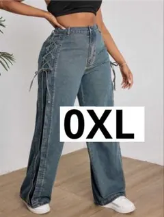 サイドレースアップ デニムパンツ ブルー プラスサイズ