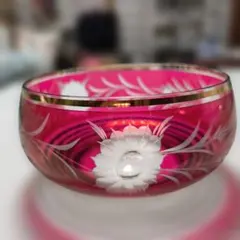 ヴィンテージ ルビーガラス 大型ボウル 金彩 花文様 深鉢 フルーツボウル