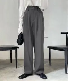 グレー ハイウエスト プリーツ ワイドパンツ