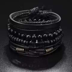 ブラックブレスレット 4本セット PUレザー 木製ビーズ アメカジ ユニセックス