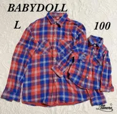 美品 親子コーデ BABYDOLL チェック柄 長袖シャツ L・100 お揃い