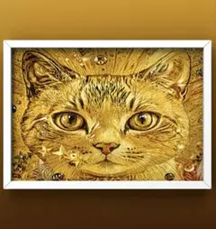幸福を見つめる開運猫　運気アップのデザイングラフィック　額縁付き