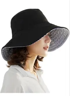 【新品】UVカット つば広 ハット リバーシブル（黒×ストライプ）小顔効果