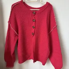 CPCM レッド ニットカーディガン ステッチデザイン