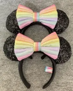 ディズニー　カチューシャ　スパンコール　黒　パステルリボン　レインボー　カラフル