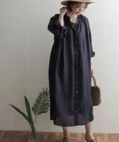 かぐれ リネン混 バックギャザー シャツワンピース フリーサイズ