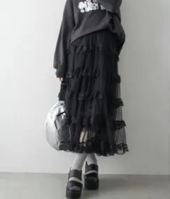 【最終値下】SpRay チュールフリルティアードロングスカート ブラック