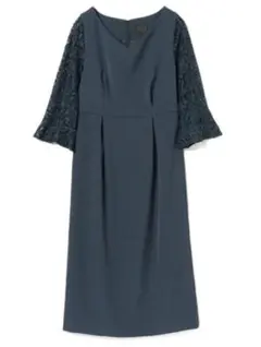 ネイビー レース袖 ひざ丈ワンピース