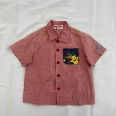 ミキハウス レトロ ギンガムチェックシャツ 90 デニムポケット 刺しゅう