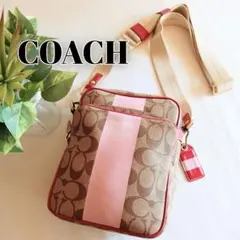 良品 コーチ ショルダーバッグ 総柄 ポシェット 鞄 ピンク レディース メンズ
