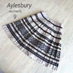 【アリスバーリー】フレアスカート ボーダー 膝 刺繍レーススカート 上品 9 M