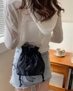 巾着型　ミニバッグ パーティ用 ショルダーバッグ パールデコレーション