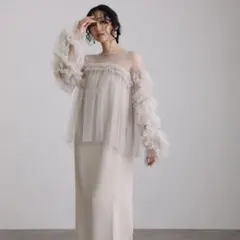 【atlo】ギャザーチュールトップス【オケージョン/結婚式】【ベージュ】