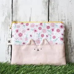 【生え猫ポケットティッシュケース付きポーチ】ハンドメイド花柄小物入れ　オリジナル