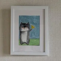 絵画。原画【かわいい猫と小鳥】