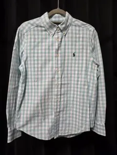 Ralph Lauren 水色チェック長袖シャツ M (150)