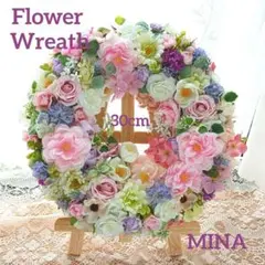 麗しローズと小花達のガーデンリース❣️造花　玄関　紫陽花リース　ピンクリースのサムネイル