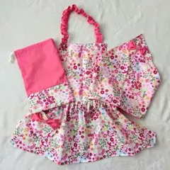 子供★エプロン　三角巾　ポーチ(小花ピンク120㎝前後)キッズハンドメイド