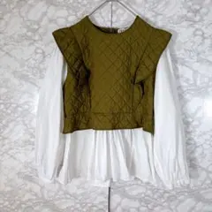 【ザラ】ブラウス（カーキ×白）コントラストキルティングブラウス　M 美品