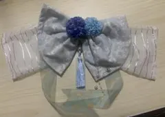 水色とグレーの花飾りリボンバレッタ