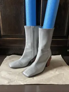 グレー 合皮 スクエアトゥブーツ