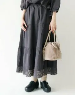 ☆サマンサモスモス☆裾レース ティアード スカート チャコール