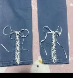 レース　ブルーデニムパンツ　リボン　リズリサ　美品　夏　ストレッチ
