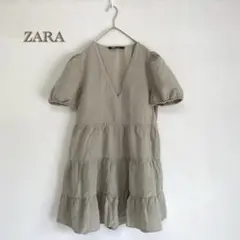 【ZARA】リネン　コットン　ミニワンピース　Vネック　ティアード　パフスリーブ