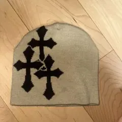 ベージュ ニット帽 クロス柄 y2k