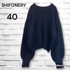 シフォネリ◆長袖ニットセーター( L)ネイビー　ボリューム袖　ラウンドネック