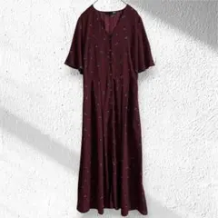 シュガースプーン　ロングワンピース　半袖　バラ柄　フリル　前開き　ボルドー