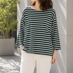 ショコラフィネローブ【F】長袖カットソー Tシャツ ボーダー 綿100%グリーンのサムネイル