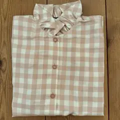 フリル襟ピンクチェックブラウスMポリエステル　オールシーズン